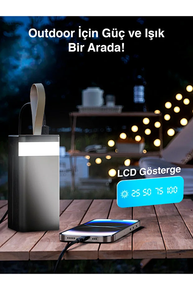 GPW-01 50.000 mAh Solar Powerbank – 22.5 W Hızlı Şarj, Dahili Kablolu, LED Ekranlı Taşınabilir Ş